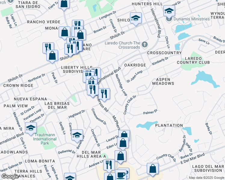 map of restaurants, bars, coffee shops, grocery stores, and more near 8633 Oakridge Loop in Laredo
