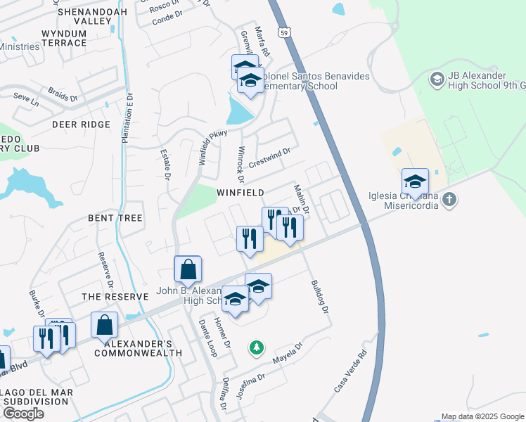 map of restaurants, bars, coffee shops, grocery stores, and more near 9904 Natalia Drive in Laredo