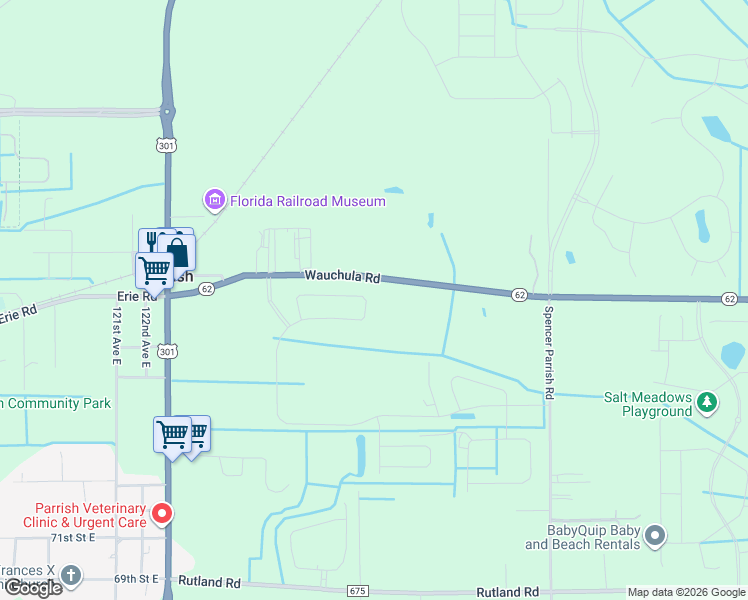 map of restaurants, bars, coffee shops, grocery stores, and more near 11441-12385 Wauchula Road in Parrish