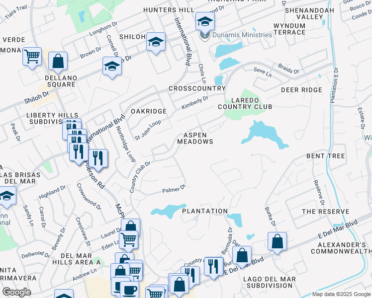 map of restaurants, bars, coffee shops, grocery stores, and more near 1553 Palmer Drive in Laredo