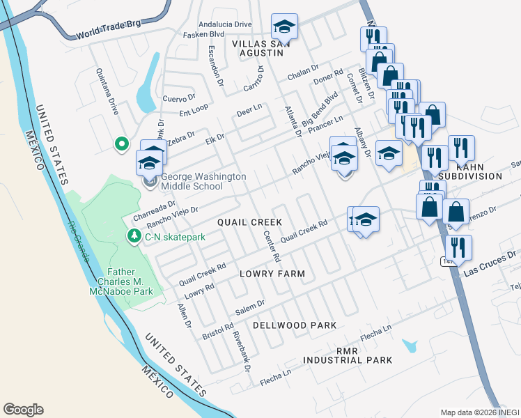map of restaurants, bars, coffee shops, grocery stores, and more near 9646 Mallard Loop in Laredo