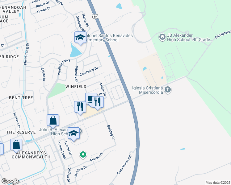 map of restaurants, bars, coffee shops, grocery stores, and more near 4215 Sandhill Drive in Laredo