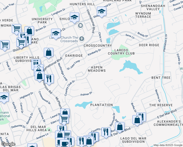 map of restaurants, bars, coffee shops, grocery stores, and more near 1800 Country Club Drive in Laredo
