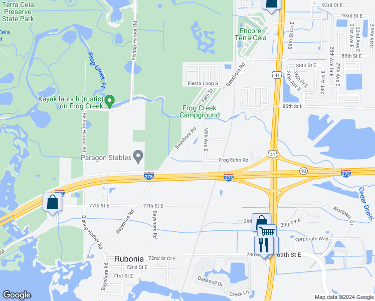 map of restaurants, bars, coffee shops, grocery stores, and more near 1605 82nd Street Court East in Palmetto