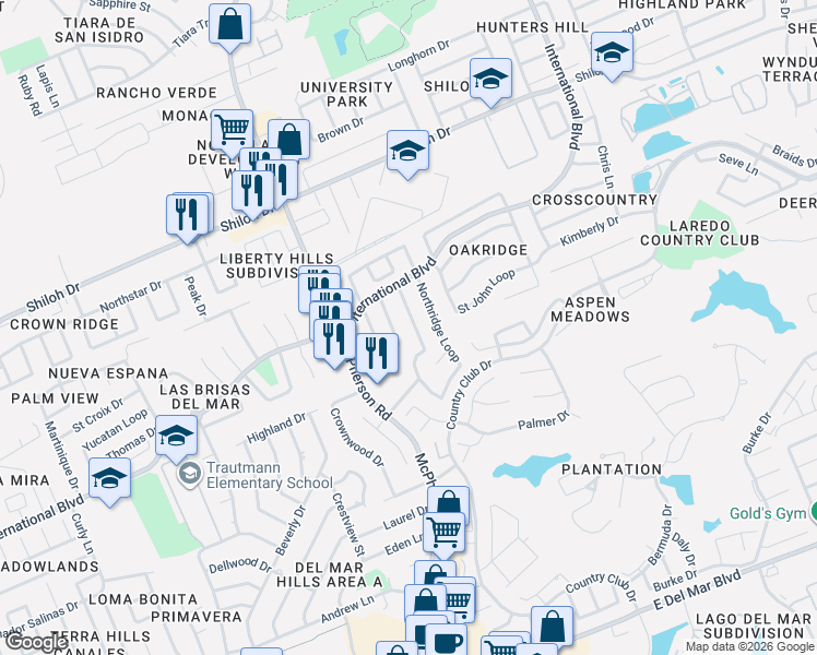 map of restaurants, bars, coffee shops, grocery stores, and more near 8633 Oakridge Loop in Laredo