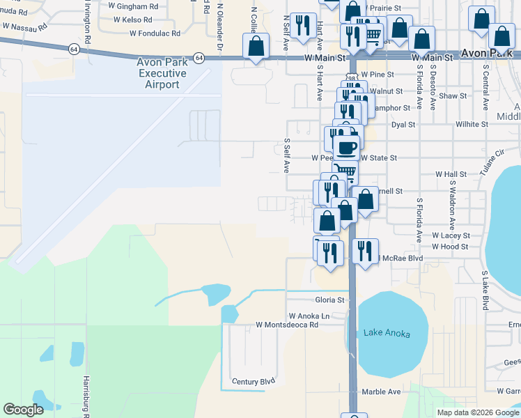 map of restaurants, bars, coffee shops, grocery stores, and more near 810 S Robert Ave in Avon Park