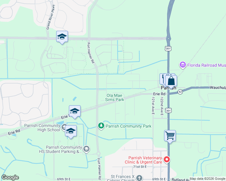 map of restaurants, bars, coffee shops, grocery stores, and more near 11814 Erie Road in Parrish