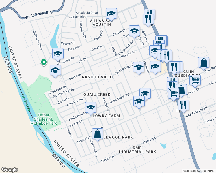 map of restaurants, bars, coffee shops, grocery stores, and more near 9706 Espuela Court in Laredo