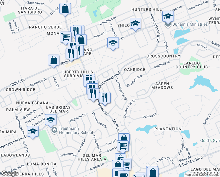map of restaurants, bars, coffee shops, grocery stores, and more near 8607 Northridge Loop in Laredo