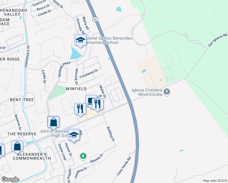 map of restaurants, bars, coffee shops, grocery stores, and more near 4111 Blue Quail Road in Laredo