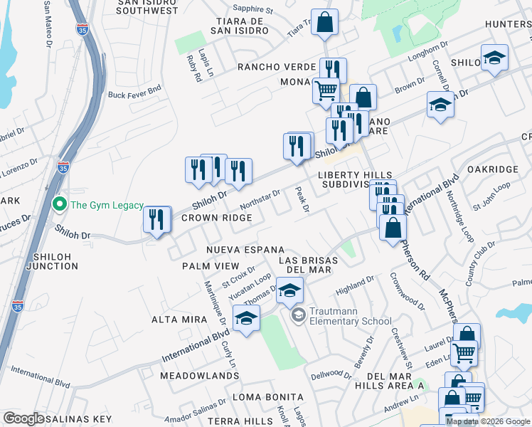 map of restaurants, bars, coffee shops, grocery stores, and more near 9035 Lady Di Loop in Laredo