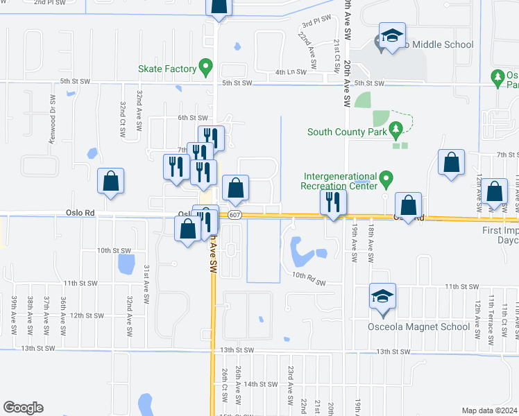 map of restaurants, bars, coffee shops, grocery stores, and more near 2511 Langrove Lane Sothwest in Vero Beach
