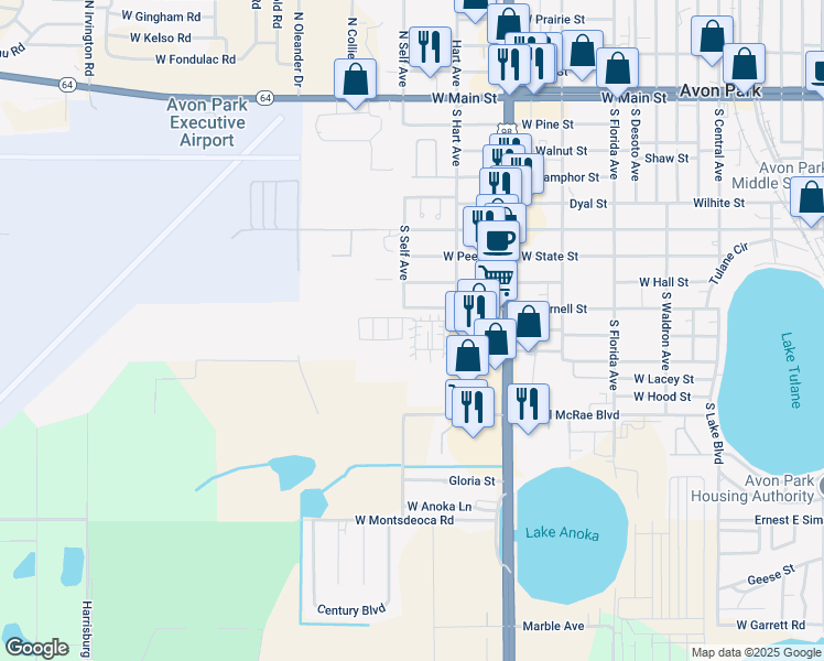 map of restaurants, bars, coffee shops, grocery stores, and more near W Bohland St in Avon Park