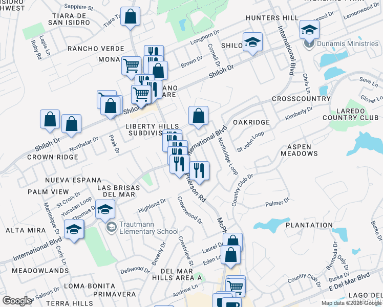 map of restaurants, bars, coffee shops, grocery stores, and more near 8602 Oakridge Loop in Laredo