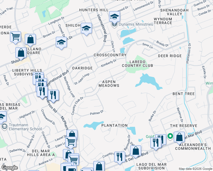 map of restaurants, bars, coffee shops, grocery stores, and more near 8509 Callow Court in Laredo
