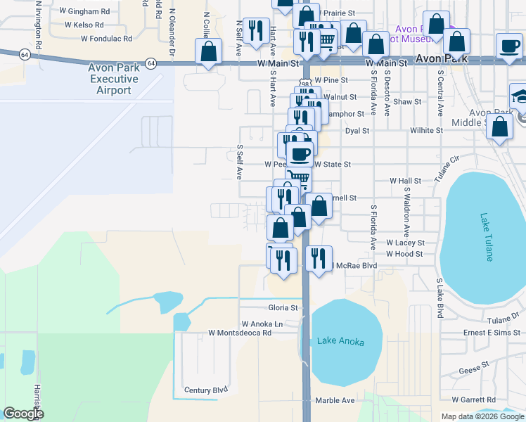 map of restaurants, bars, coffee shops, grocery stores, and more near W Bohland St in Avon Park