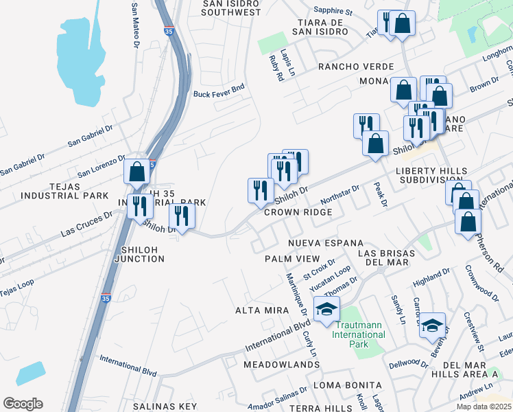 map of restaurants, bars, coffee shops, grocery stores, and more near 408 Shiloh Drive in Laredo