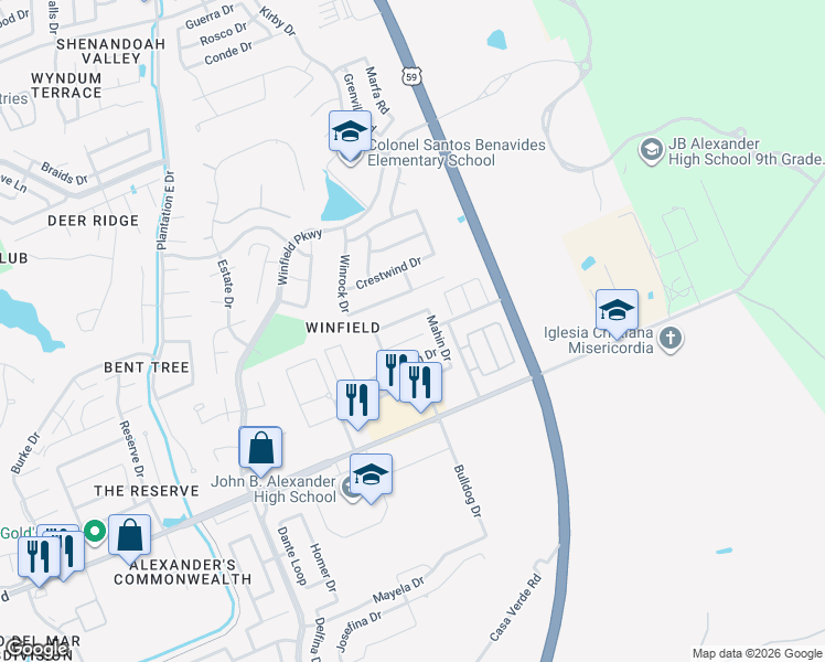 map of restaurants, bars, coffee shops, grocery stores, and more near 3913 Rasoul Drive in Laredo