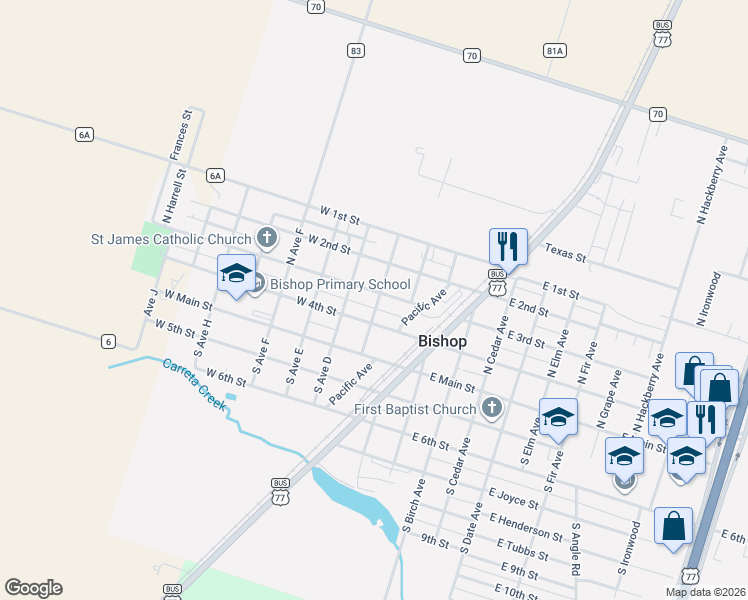 map of restaurants, bars, coffee shops, grocery stores, and more near 213 West 3rd Street in Bishop