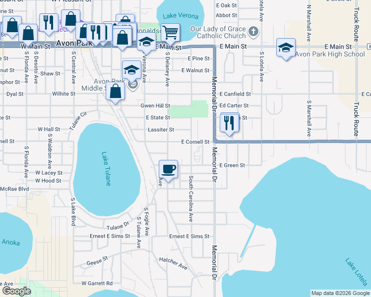 map of restaurants, bars, coffee shops, grocery stores, and more near 220 East Cornell Street in Avon Park