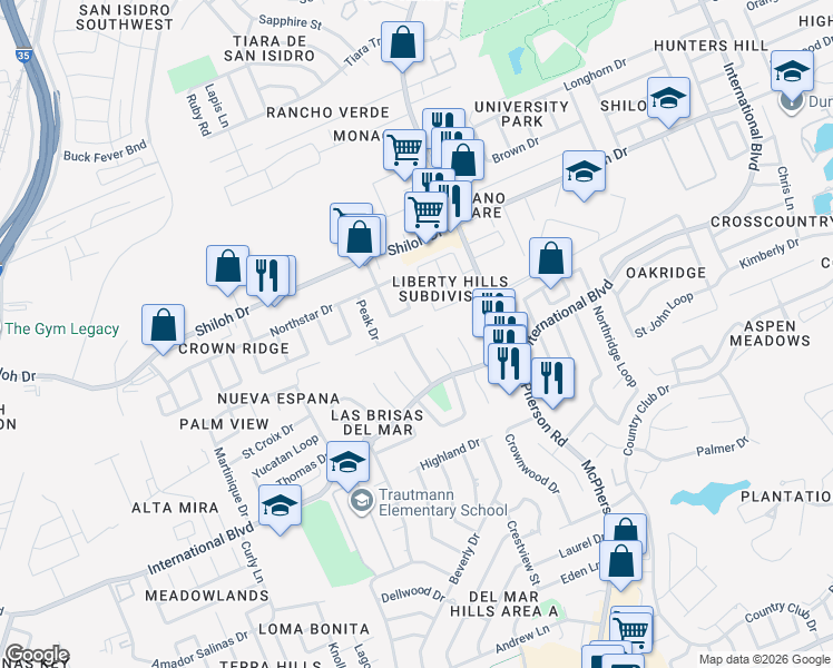 map of restaurants, bars, coffee shops, grocery stores, and more near 705 Puig Drive in Laredo