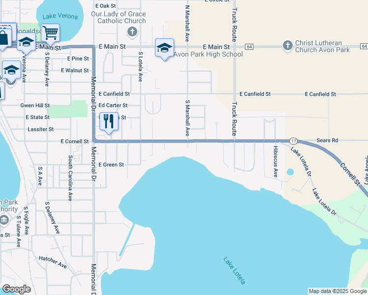 map of restaurants, bars, coffee shops, grocery stores, and more near 636 Cornell Street in Avon Park