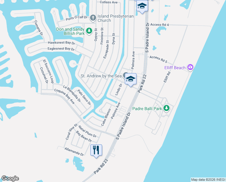 map of restaurants, bars, coffee shops, grocery stores, and more near 15822 Almeria Avenue in Corpus Christi