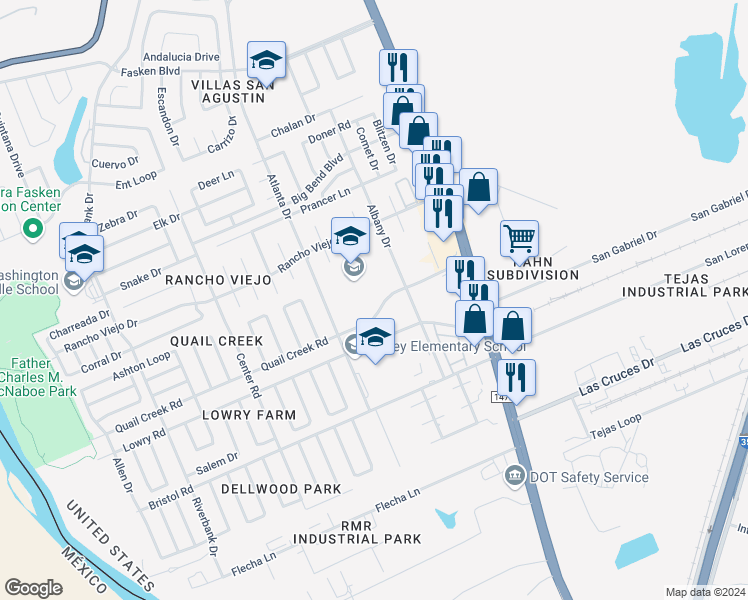 map of restaurants, bars, coffee shops, grocery stores, and more near 2024 Quail Creek Road in Laredo