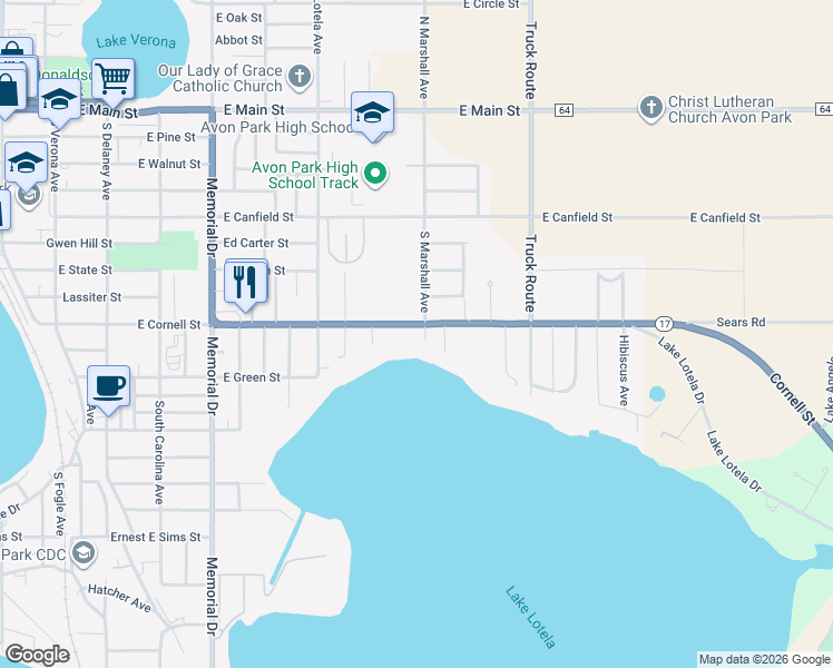 map of restaurants, bars, coffee shops, grocery stores, and more near 636 Cornell Street in Avon Park