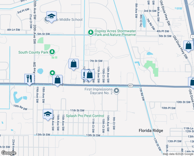 map of restaurants, bars, coffee shops, grocery stores, and more near 835 11th Avenue Southwest in Vero Beach