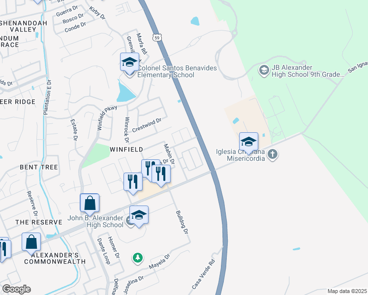 map of restaurants, bars, coffee shops, grocery stores, and more near 4111 Blue Quail Road in Laredo