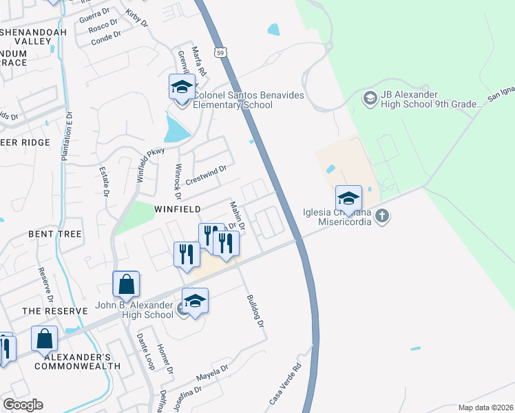 map of restaurants, bars, coffee shops, grocery stores, and more near 4111 Blue Quail Road in Laredo