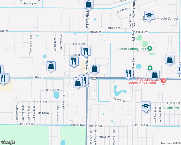 map of restaurants, bars, coffee shops, grocery stores, and more near 880 27th Avenue Southwest in Vero Beach