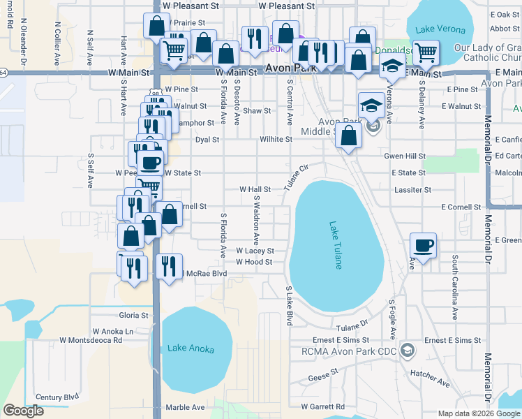 map of restaurants, bars, coffee shops, grocery stores, and more near 504 Gwendolynn Street in Avon Park