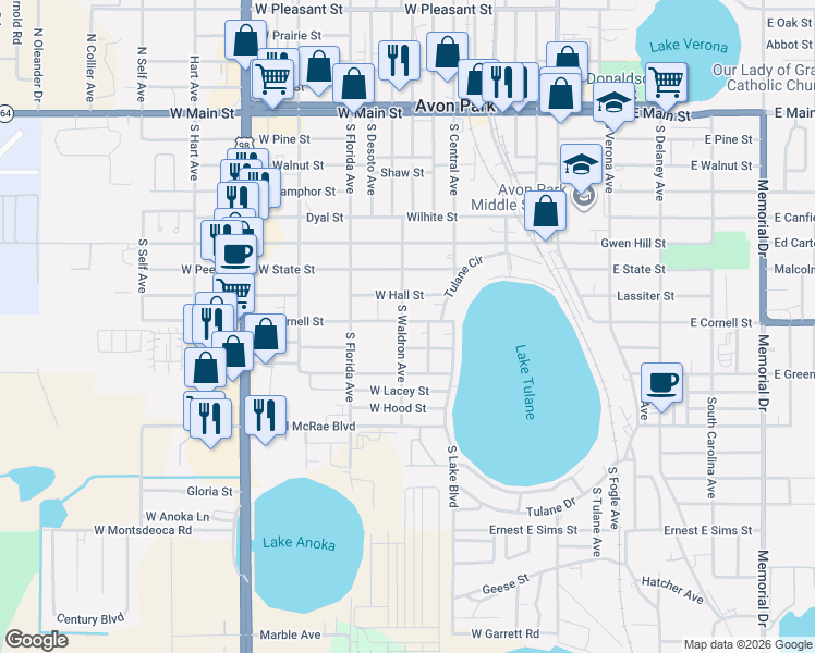 map of restaurants, bars, coffee shops, grocery stores, and more near 421 West Cornell Street in Avon Park