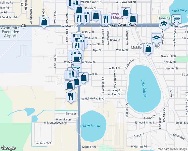 map of restaurants, bars, coffee shops, grocery stores, and more near 919 West Cornell Street in Avon Park
