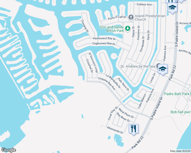 map of restaurants, bars, coffee shops, grocery stores, and more near 16013 El Soccorro Loop in Corpus Christi