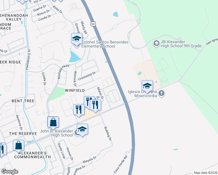 map of restaurants, bars, coffee shops, grocery stores, and more near 4111 Blue Quail Road in Laredo