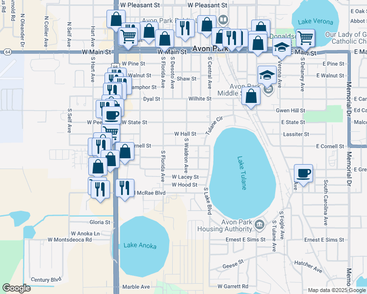 map of restaurants, bars, coffee shops, grocery stores, and more near 504 Gwendolynn Street in Avon Park