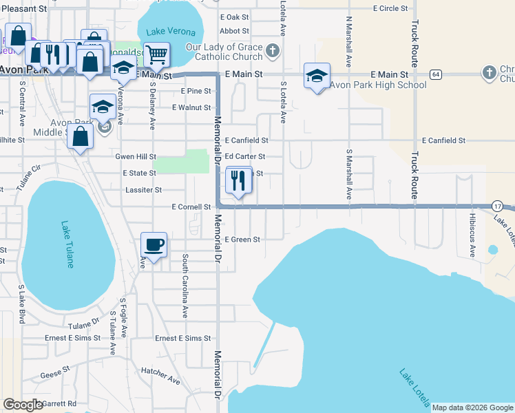 map of restaurants, bars, coffee shops, grocery stores, and more near 1113 South Fairview Terrace in Avon Park