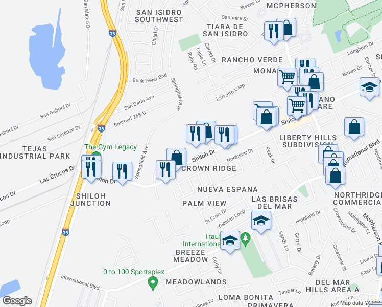 map of restaurants, bars, coffee shops, grocery stores, and more near 410 Shiloh Road in Laredo