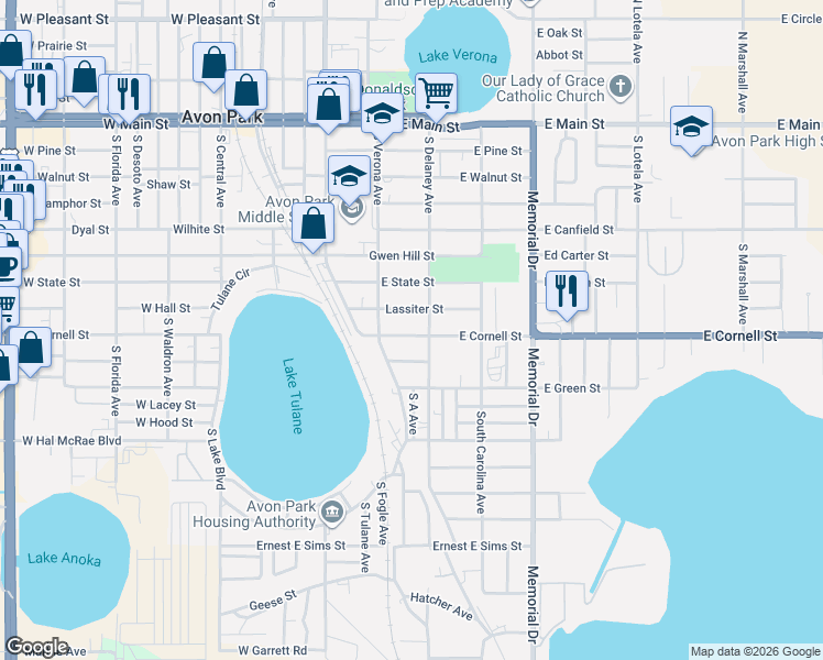 map of restaurants, bars, coffee shops, grocery stores, and more near 116 East Cornell Street in Avon Park