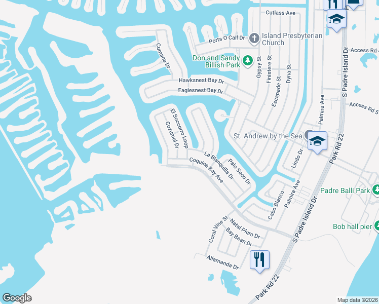 map of restaurants, bars, coffee shops, grocery stores, and more near 16013 El Soccorro Loop in Corpus Christi