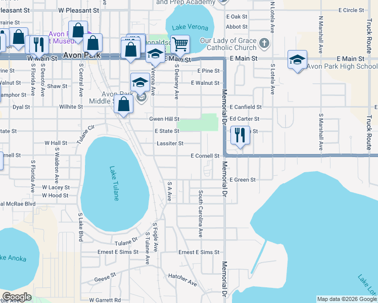 map of restaurants, bars, coffee shops, grocery stores, and more near 220 East Cornell Street in Avon Park