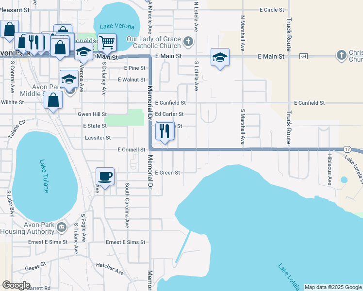 map of restaurants, bars, coffee shops, grocery stores, and more near 723 South Fairview Terrace in Avon Park