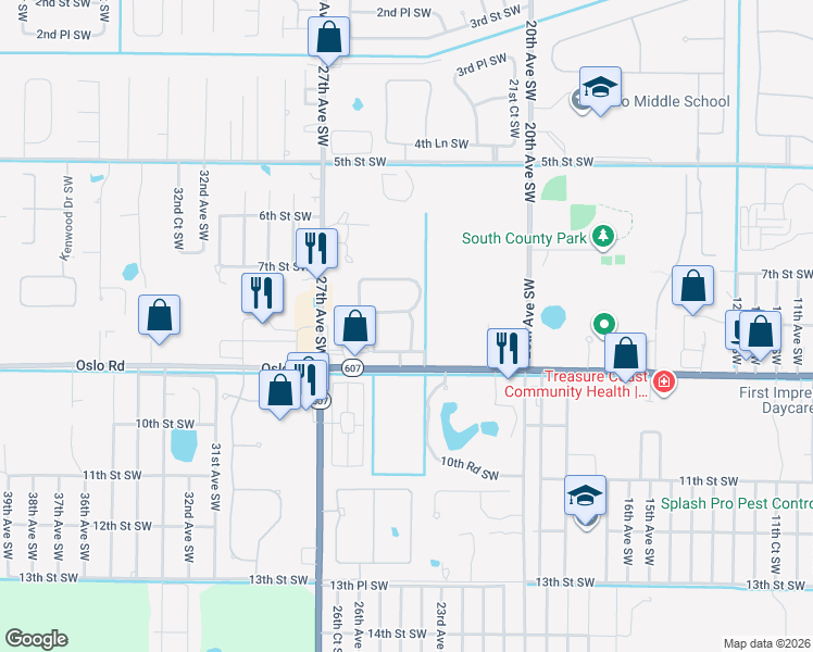 map of restaurants, bars, coffee shops, grocery stores, and more near 834 Middleton Drive Southwest in Vero Beach
