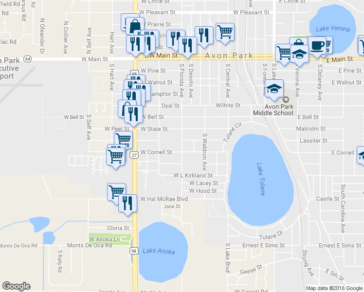 map of restaurants, bars, coffee shops, grocery stores, and more near South Florida Avenue in Avon Park