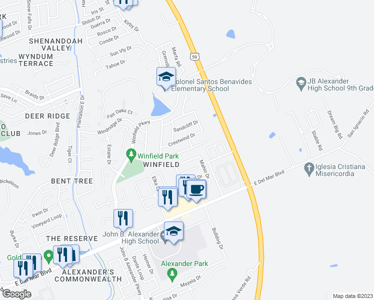 map of restaurants, bars, coffee shops, grocery stores, and more near 3167 Winrock Drive in Laredo
