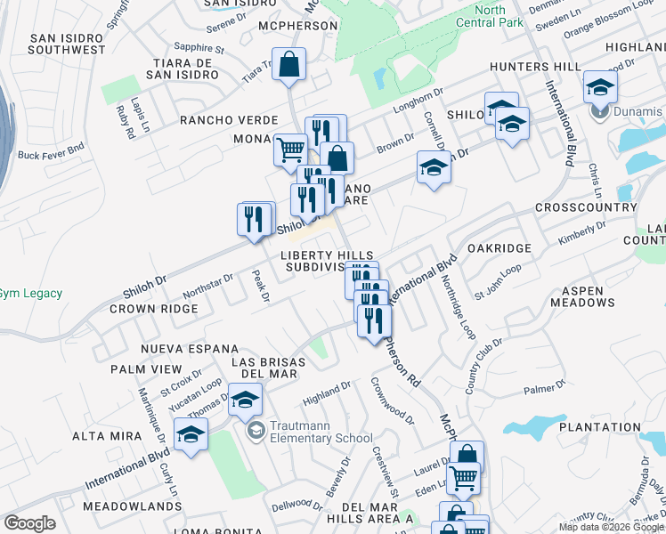 map of restaurants, bars, coffee shops, grocery stores, and more near 8806 Liberty Loop in Laredo