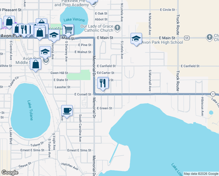 map of restaurants, bars, coffee shops, grocery stores, and more near 650 South Fairview Terrace in Avon Park